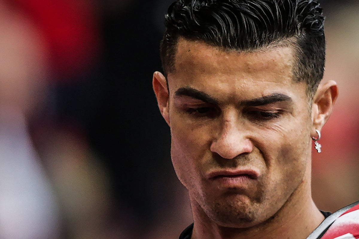 In this file photo taken on 16 October, 2022 Manchester United's Portuguese striker Cristiano Ronaldo reacts during the warm up prior to the English Premier League football match between Manchester United and Newcastle