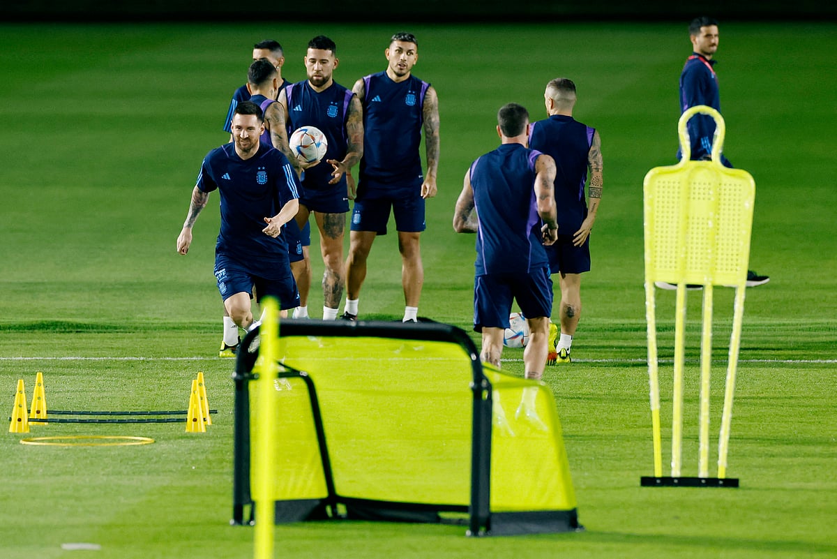 Argentina's Lionel Messi with teammates during training at Qatar University Training Site 3, Doha, Qatar on 25 November 2022