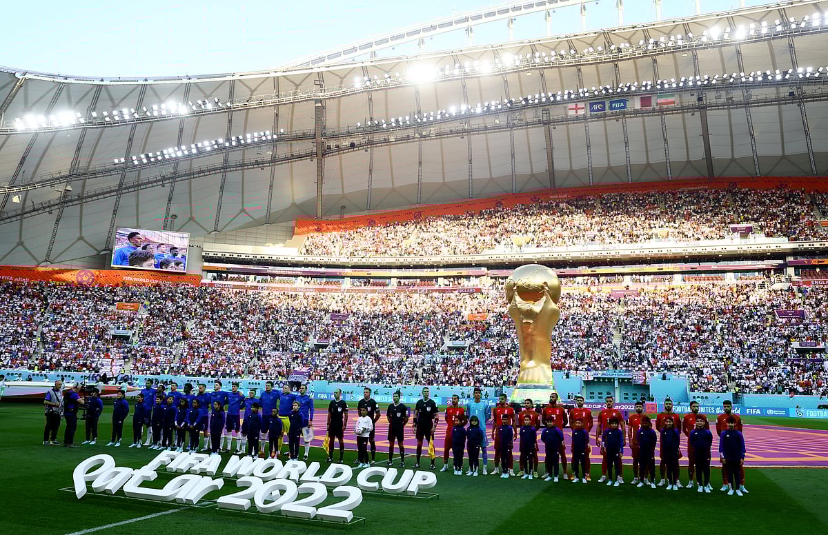 England and Iran players line up during the national anthems before their Group B match at the Khalifa International Stadium, Doha, Qatar on 21 November, 2022