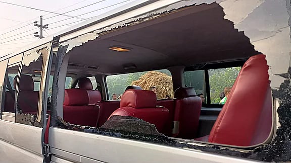 A vandalised vehicle of the motorcade.