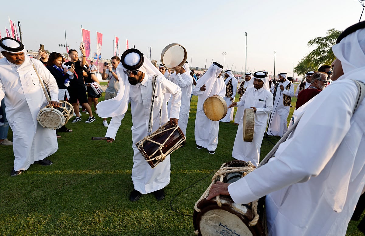 Musicians outside the stadium before the opening match of the FIFA World Cup between Qatar and Ecuador at the Al Bayt Stadium in Al Khor, Qatar on 20 November, 2022