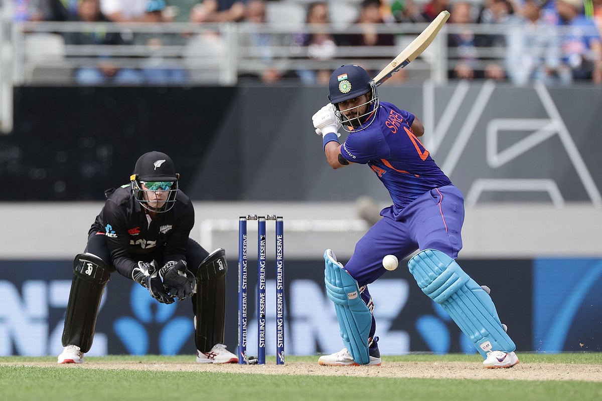 India’s Shreyas Iyer plays a shot during the first One-Day International between New Zealand and India at Eden Park in Auckland on 25 November, 2022