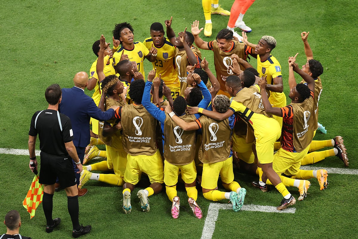 Ecuador's Enner Valencia celebrates scoring their second goal against Qatar with teammates at the Al Bayt Stadium, Al Khor, Qatar on 20 November, 2022