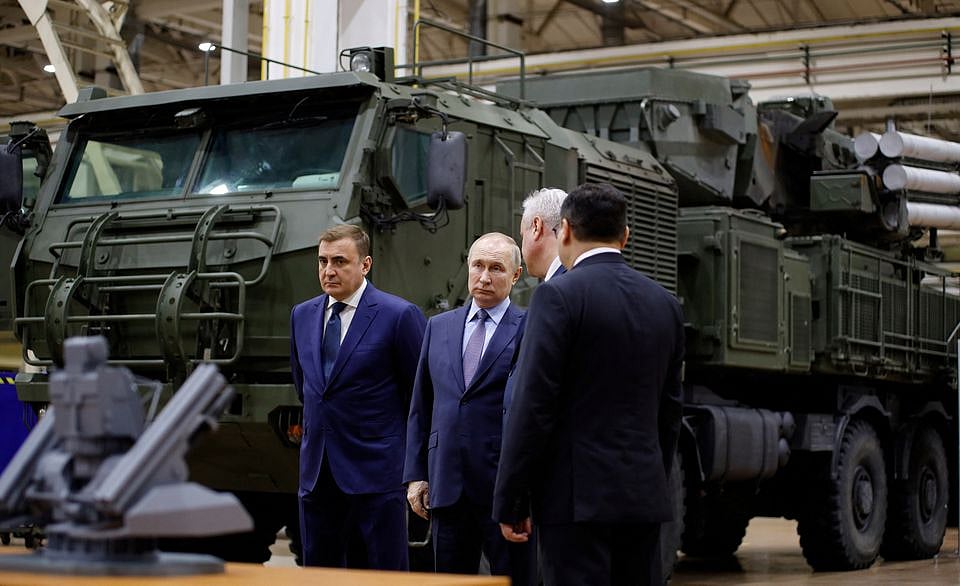 Russian president Vladimir Putin, accompanied by Tula Region governor Alexei Dyumin, visits the Shcheglovsky Val machine building plant, a subsidiary of KBP Instrument Design Bureau, in Tula, Russia on 23 December, 2022.