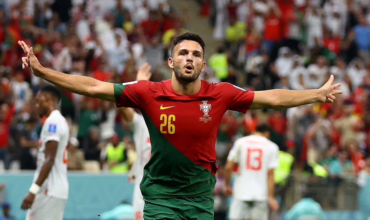 Portugal's Goncalo Ramos celebrates scoring their fifth goal and his hat-trick against Switzerland at Lusail Stadium in round of 16 match of Qatar World Cup on 6 December, 2022