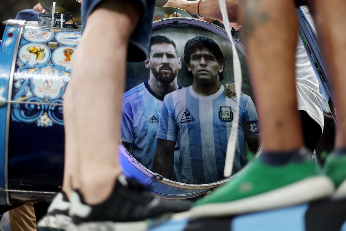 General view of images of former Argentina player Diego Maradona and Argentina's Lionel Messi seen on a drum inside the stadium before the FIFA World Cup 2022 Quarter Final match of Netherlands v Argentina at the Lusail Stadium in Lusail, Qatar on 9 December, 2022