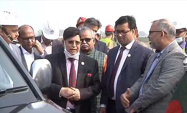 Foreign minister AK Abdul Momen inspects the construction work of a new terminal at Sylhet airport on 29 December 2022.