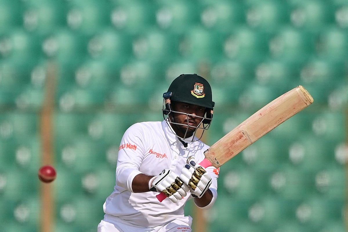 Bangladesh's Zakir Hasan plays a shot during the fourth day of the first Test between Bangladesh and India at the Zahur Ahmed Chowdhury Stadium in Chattogram on 17 December, 2022