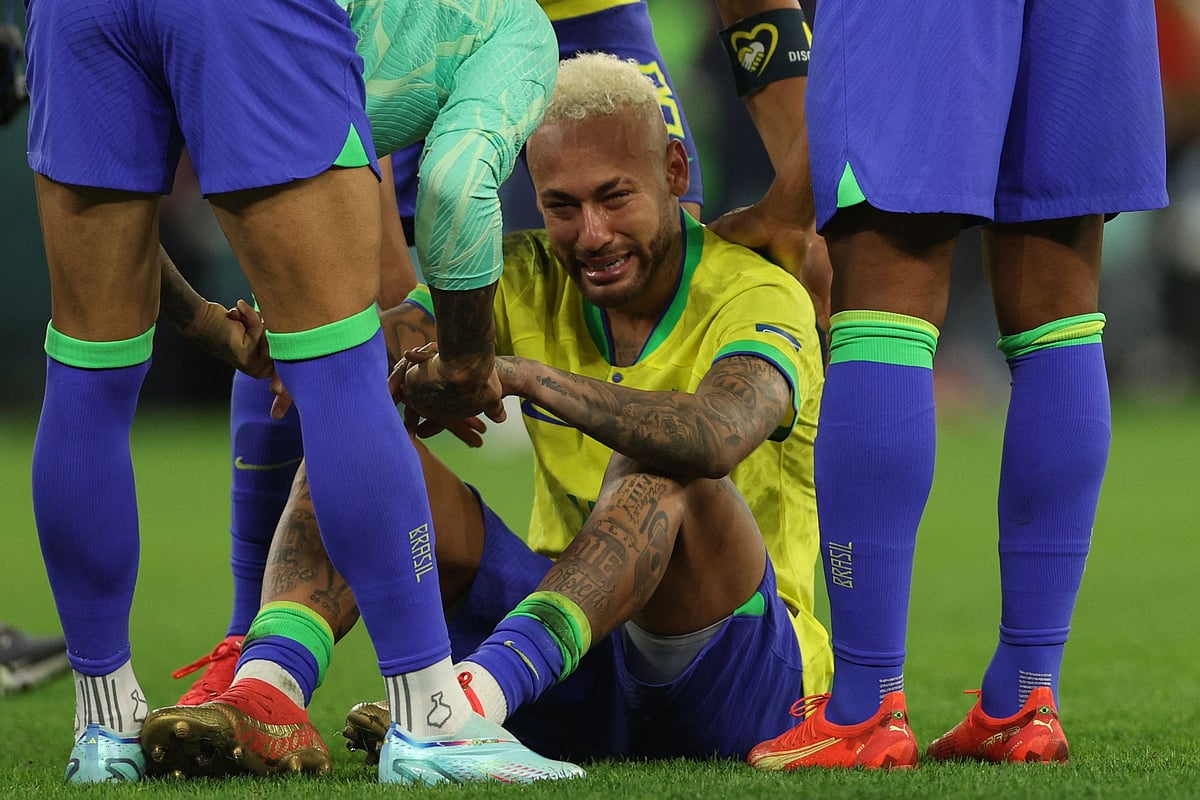 Brazil's forward Neymar reacts after his team lost the Qatar 2022 World Cup quarter-final football match between Croatia and Brazil at Education City Stadium in Al-Rayyan, west of Doha, on 9 December, 2022