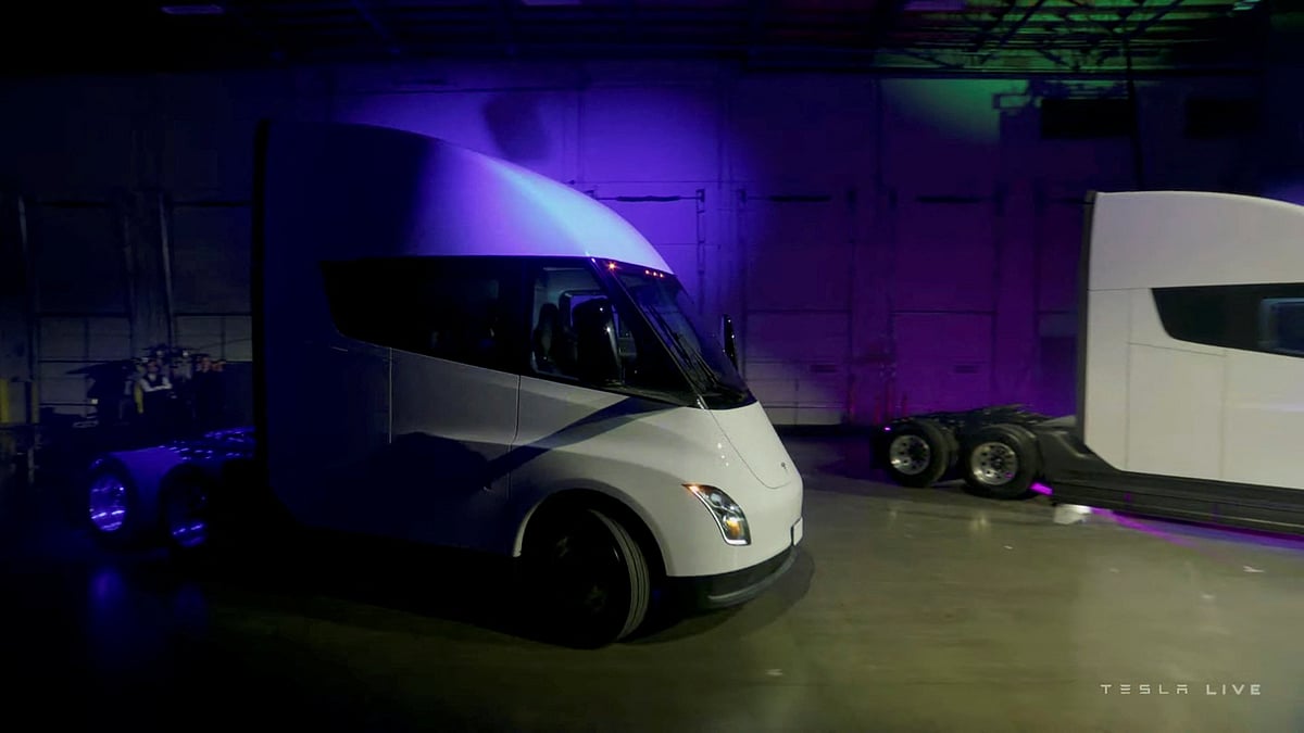 A view of the Tesla Semi electric truck during its live-streamed unveiling in Nevada, US 1 December, 2022, in this still image taken from video.