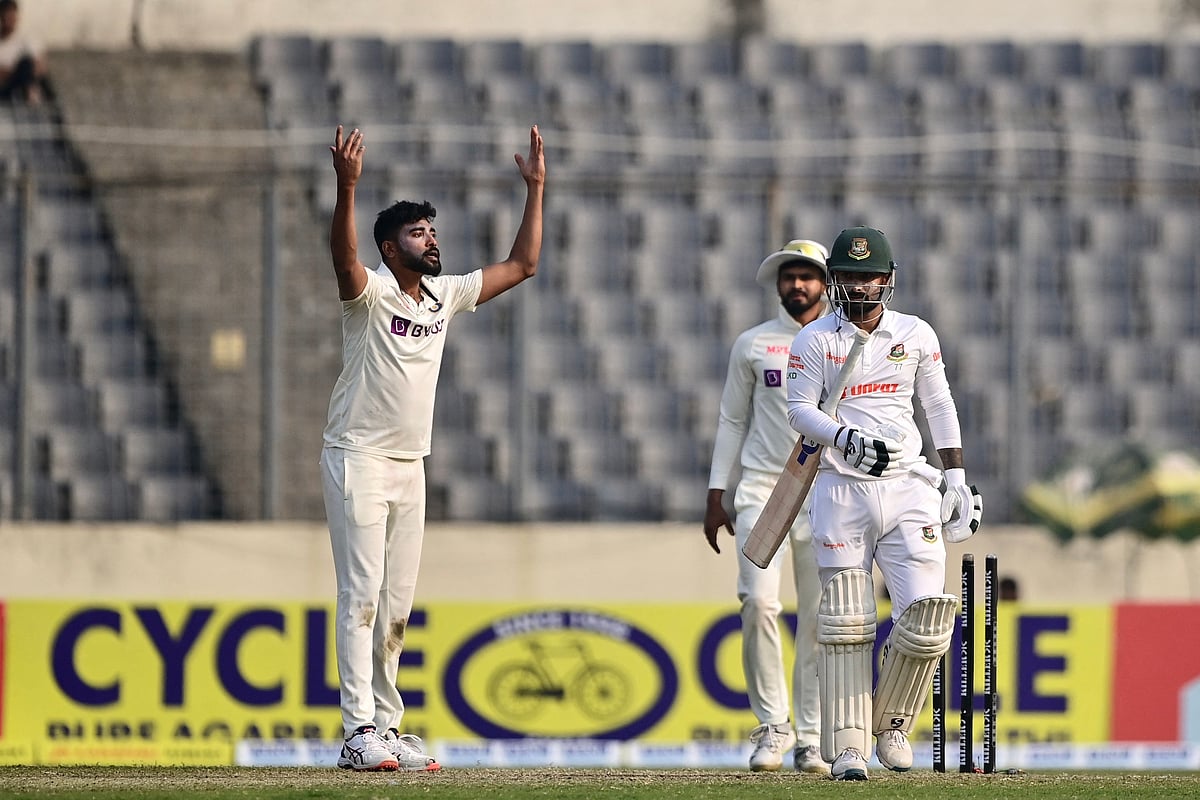 India’s Mohammed Siraj reacts after the dismissal of Bangladesh Liton Das during the third day of the second Test between Bangladesh and India at the Sher-e-Bangla National Cricket Stadium in Dhaka on 24 December, 2022