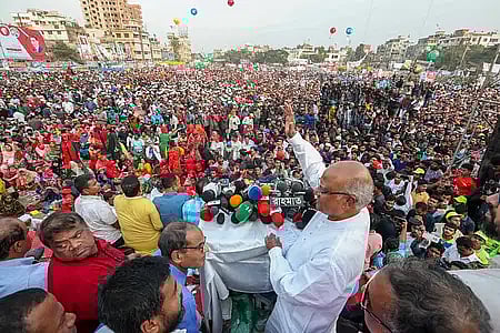 BNP standing committee member Khandaker Mosharraf Hossain addressed the Saturday rally in the Golapbagh sports ground as the chief guest on 10 December.
