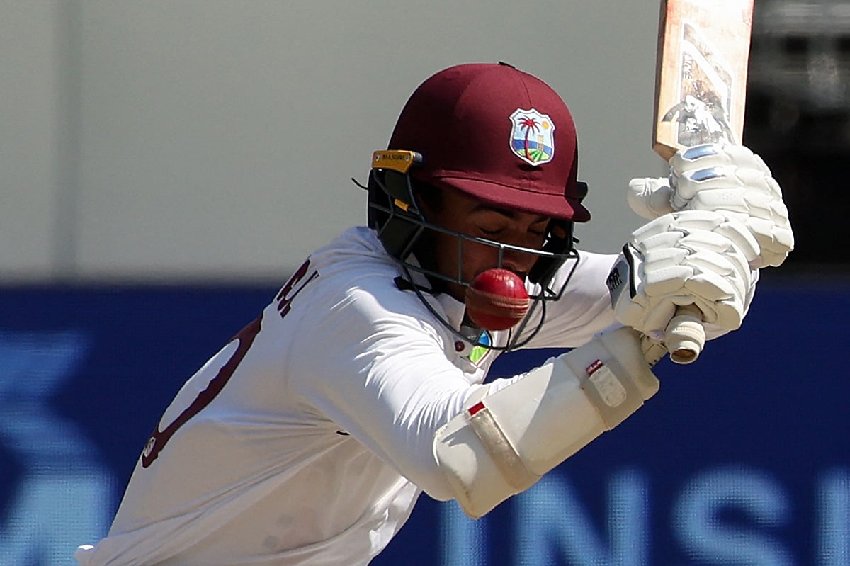 West Indies' Tagenarine Chanderpaul dodges a ball from Australia's Marnus Labuschagne on the 4th day of the first Test cricket match between Australia and the West Indies at Perth Stadium on 3 December 2022.