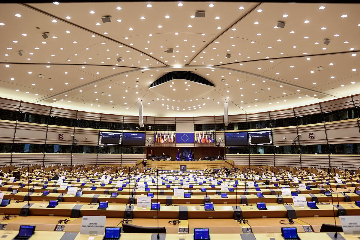 View of European parliament chamber before plenary session in Brussels, Belgium 23 November, 2020