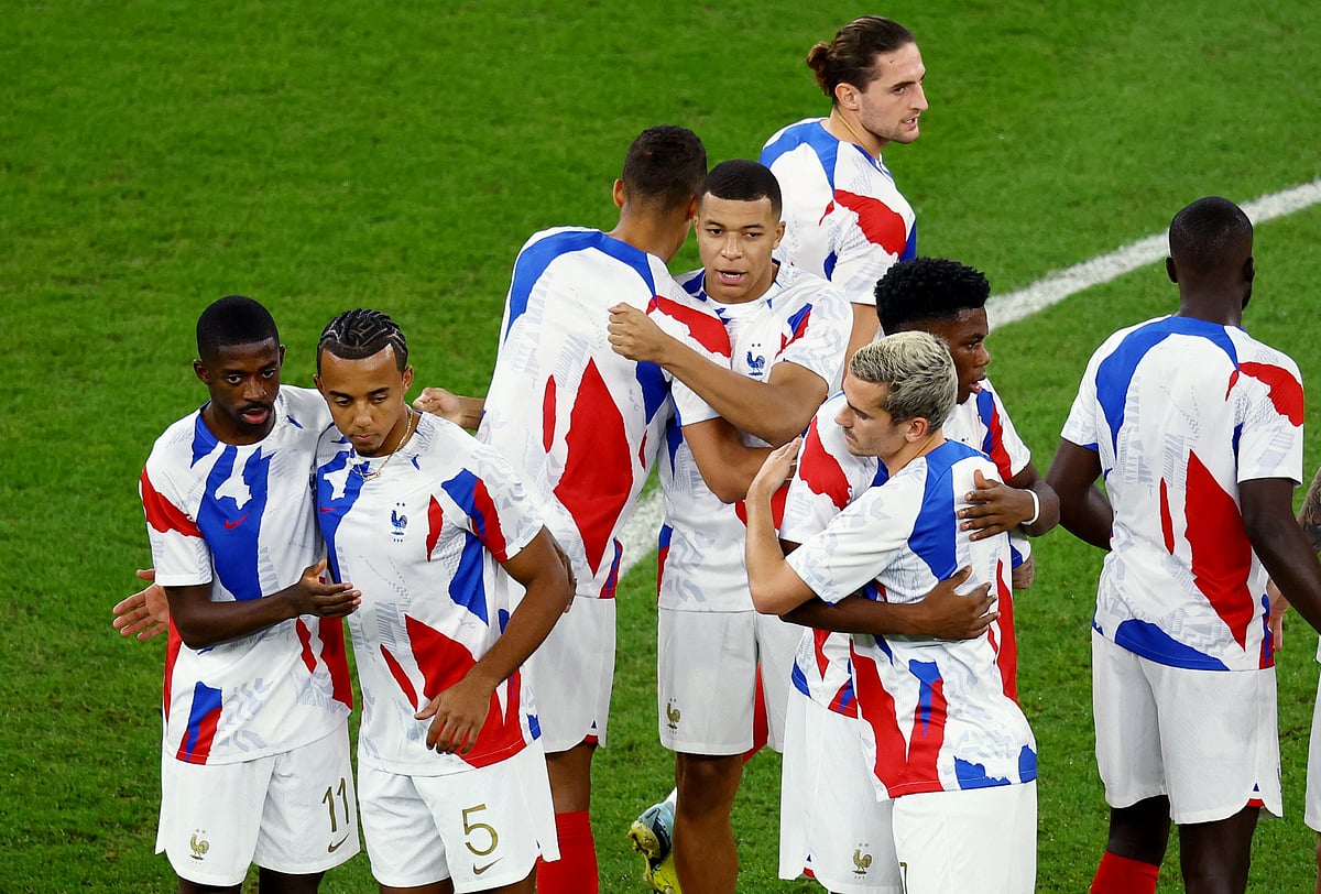 France's Kylian Mbappe with teammates during the warm up before the FIFA World Cup 2022 Round of 16 match of France v Poland at the Al Thumama Stadium in Doha, Qatar on 4 December, 2022