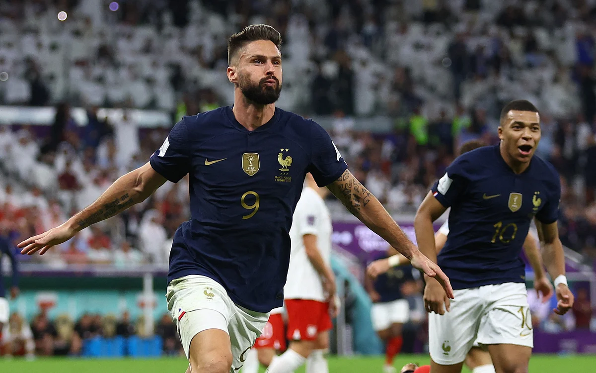 France's Olivier Giroud celebrates scoring their first goal at the FIFA World Cup 2022 Round of 16 of France v Poland at the Al Thumama Stadium in Doha, Qatar on 4 December, 2022