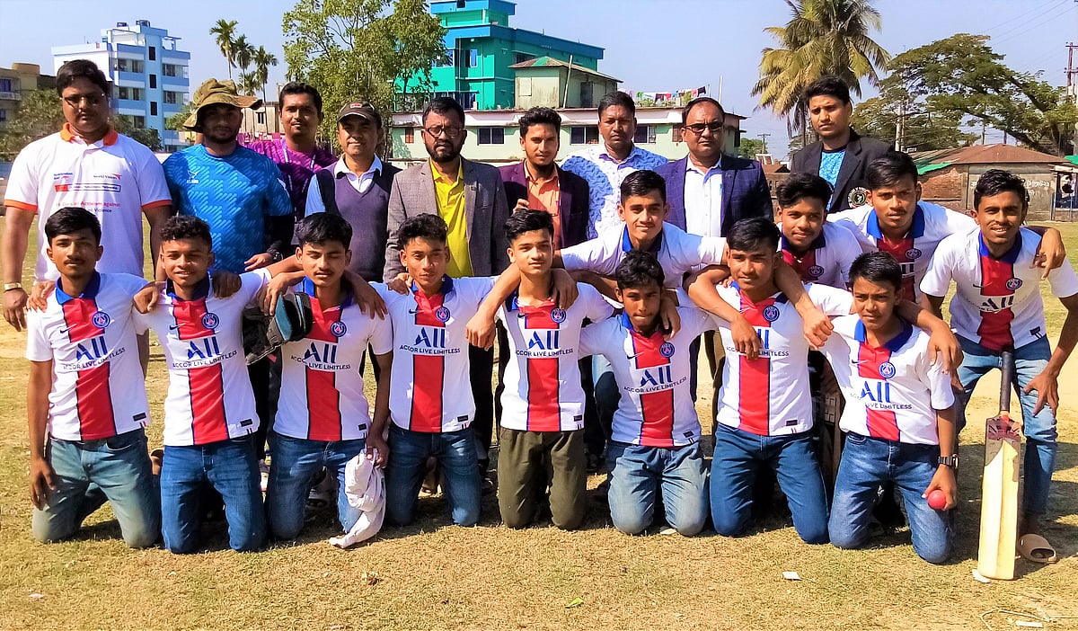 Officials with players pose for a photo on the first day of the union phase of the 51st National Inter-school, Madrasah and Technical Education Winter Sports 2023 at Ukhiya, Cox's Bazar on 11 January, 2023
