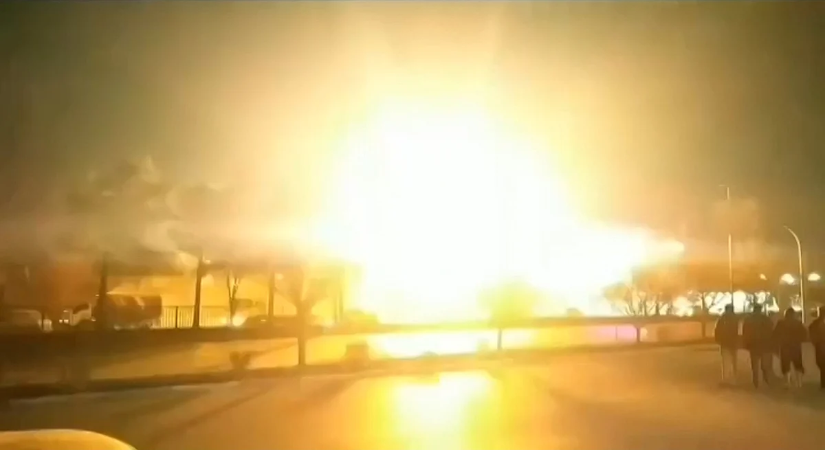 This image grab taken from a UGC video posted on 29 January, 2023, reportedly shows an explosion in Iran's Isfahan province