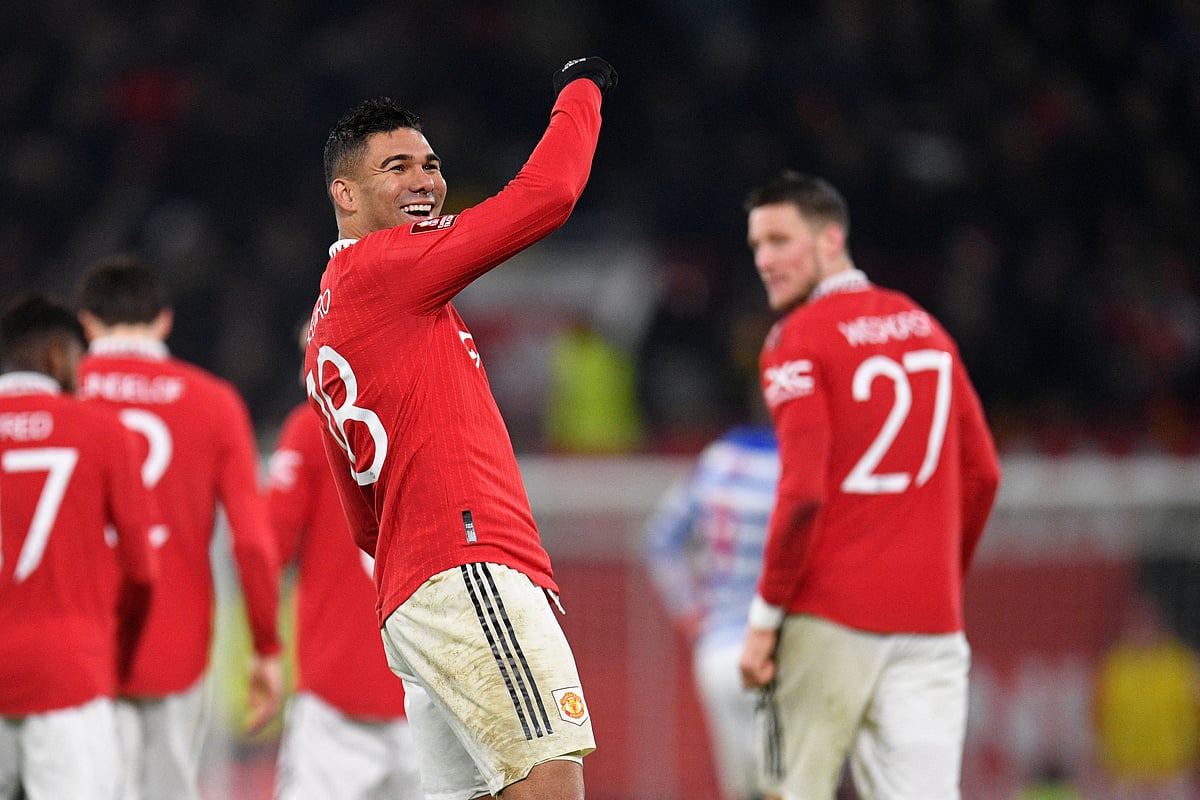 Manchester United's Brazilian midfielder Casemiro celebrates after scoring their second goal during the English FA Cup fourth round match between Manchester United and Reading at Old Trafford in Manchester, north west England, on 28 January, 2023
