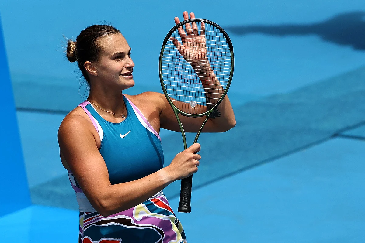 Belarus' Aryna Sabalenka celebrates victory against Shelby Rogers of the US after their women's singles match on day four of the Australian Open tennis tournament in Melbourne on 19 January, 2023