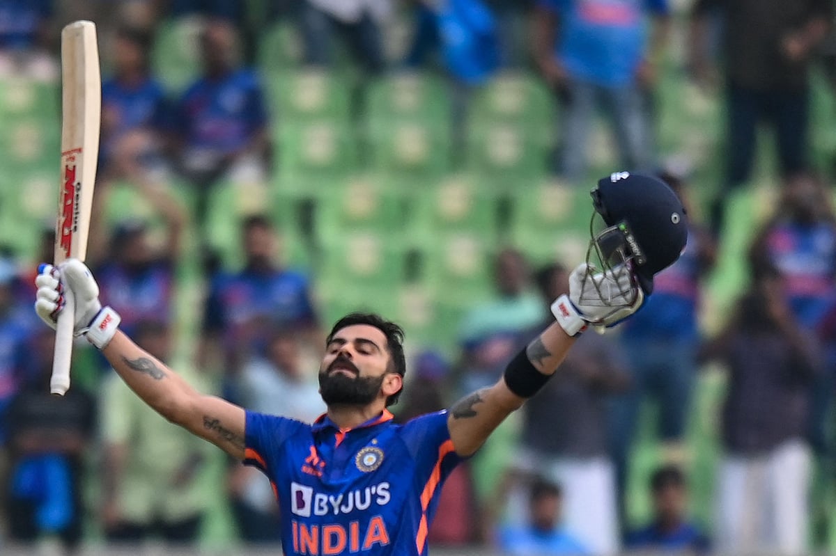 India's Virat Kohli celebrates after scoring a century during the third and final ODI between India and Sri Lanka at the Greenfield International Stadium in Thiruvananthapuram on 15 January, 2023