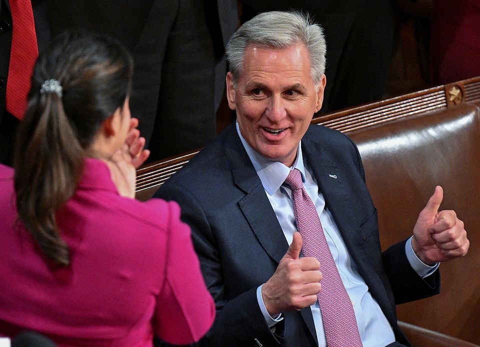 US House Republican Leader Kevin McCarthy (R-CA) gives two thumbs up in the direction of Republican Conference Chair Elise Stefanik (R-NY) after casting his own vote for himself in the 12th round of voting for a new Speaker on the 4th day of the 118th Congress at the US Capitol in Washington, US,  on 6 January, 2023.