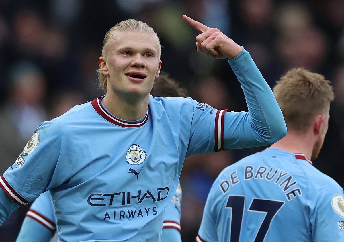 Manchester City's Erling Haaland celebrates scoring their first goal in their English Premier League match against Wolverhampton Wanderers at the Etihad Stadium in Manchester, Britain on 22 January, 2023
