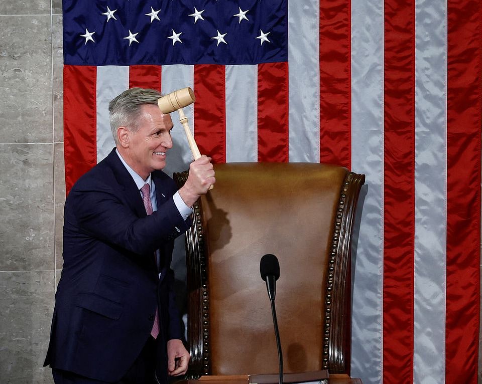Republican Leader Kevin McCarthy (R-CA) wields the Speaker's gavel after being elected the next Speaker of the US House of Representatives in a late night 15th round of voting on the fourth day of the 118th Congress at the US Capitol in Washington, US, on 7 January, 2023.