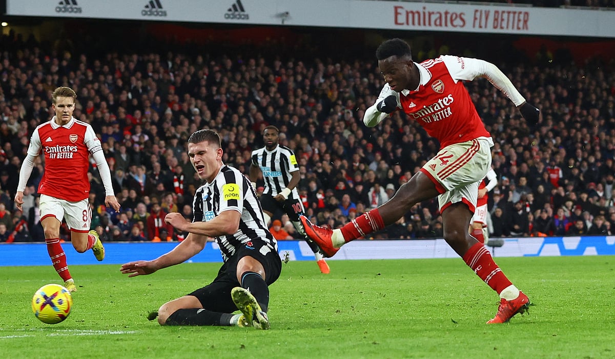 Arsenal's Eddie Nketiah shoots at goal during the English Premier League match between Arsenal and Newcastle United at the Emirates Stadium in London, Britain on 3 January, 2023