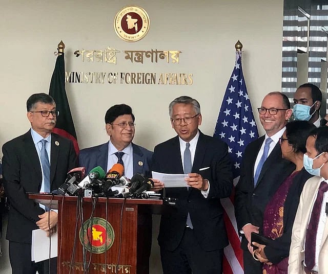 The US assistant secretary of state for the bureau of south and central Asian affairs Donald Lu speaking to newsmen at the foreign ministry on Sunday.