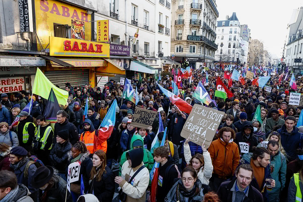 Demonstrators attend a rally called by left-wing La France Insoumise (LFI) party and Youth organisations against the French government’s pension reform plan in Paris, France, on 21 January, 2023