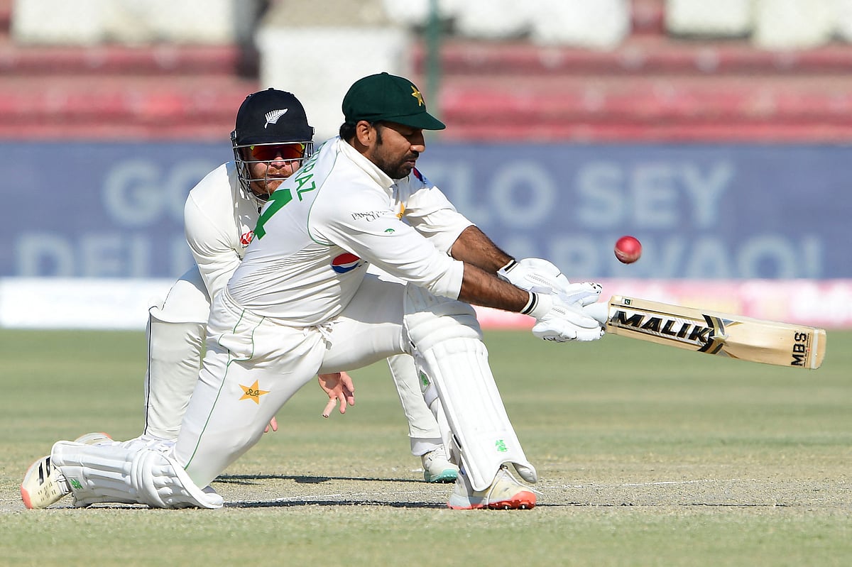 Pakistan's Sarfaraz Ahmed plays a shot during the fifth and final day of the second cricket Test match between Pakistan and New Zealand at the National Stadium in Karachi on 6 January 2023.