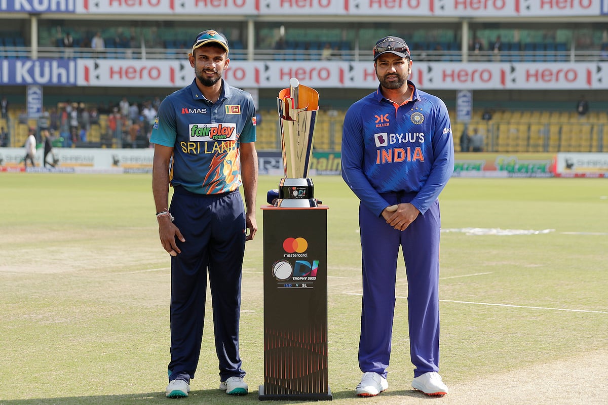 India captain Rohit Sharman and Sri Lanka captain Dasun Shanaka pose with the ODI series trophy before the first ODI in Guwahati on 10 January, 2023
