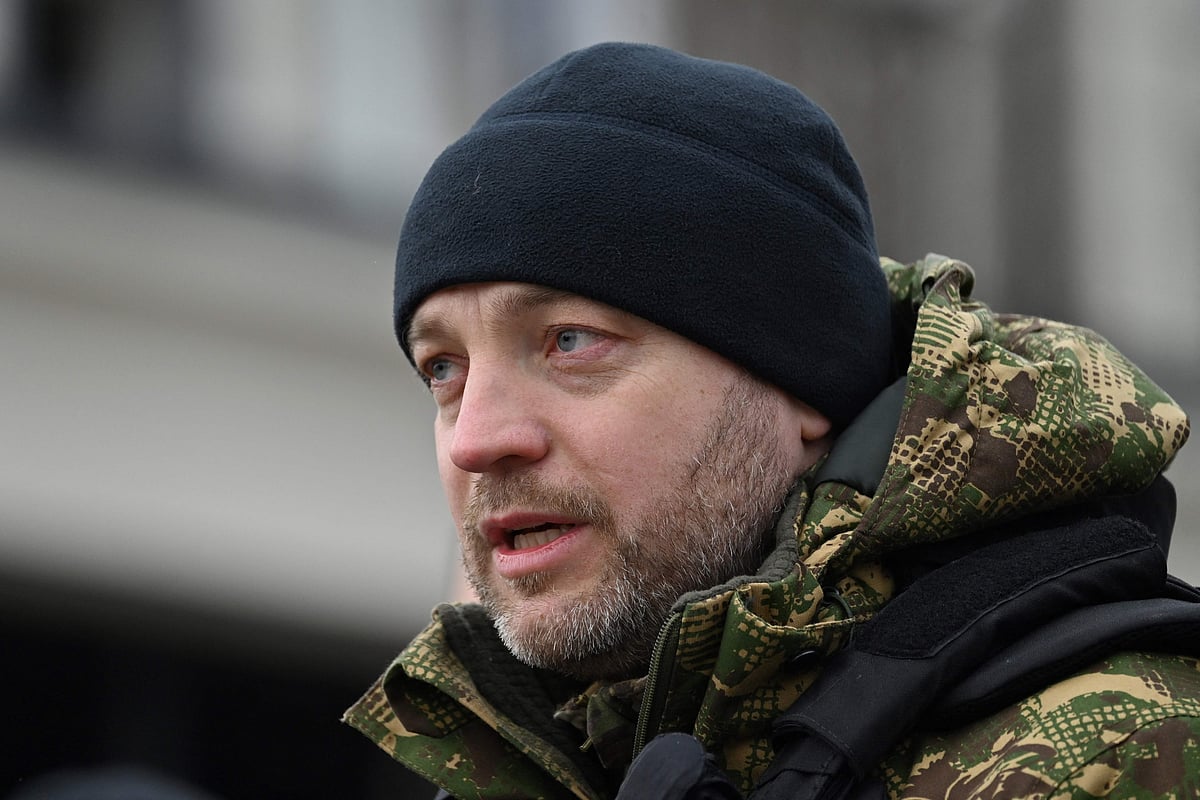 In this file photo taken on 5 April, 2022 Ukraine's minister of internal affairs Denys Monastyrsky speaks to journalists in the town of Bucha, near the Ukrainian capital of Kyiv. Ukrainian Interior minister was killed in Kyiv region helicopter crash, Ukrainian police announced on 18 January, 2023
