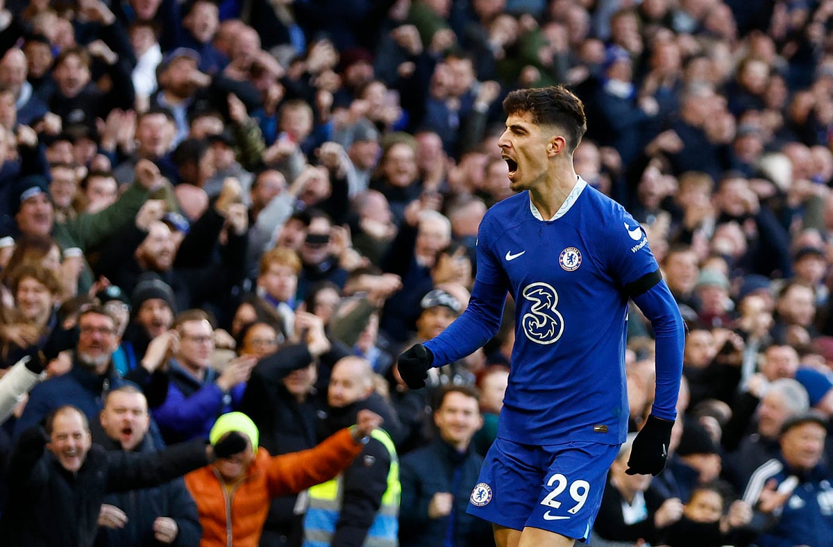 Chelsea's Kai Havertz celebrates scoring their first goal in their English Premier League match against Crystal Palace at the Stamford Bridge in London, Britain on 15 January, 2023