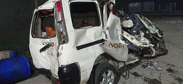 The microbus has been smashed completely in the accident at Noapara area on Dhaka Sylhet highway on 7 January, 2023.