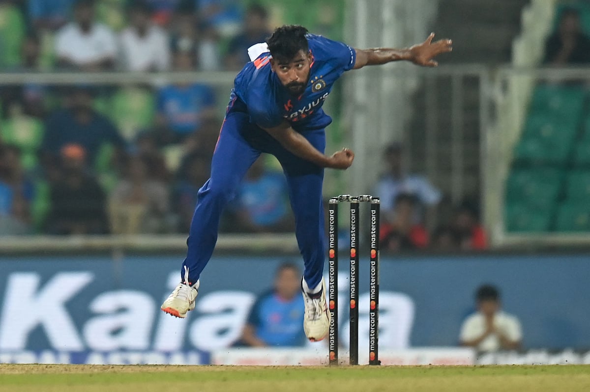 India's Mohammed Siraj bowls during the third and final one-day international (ODI) cricket match between India and Sri Lanka at the Greenfield International Stadium in Thiruvananthapuram on 15 January, 2023