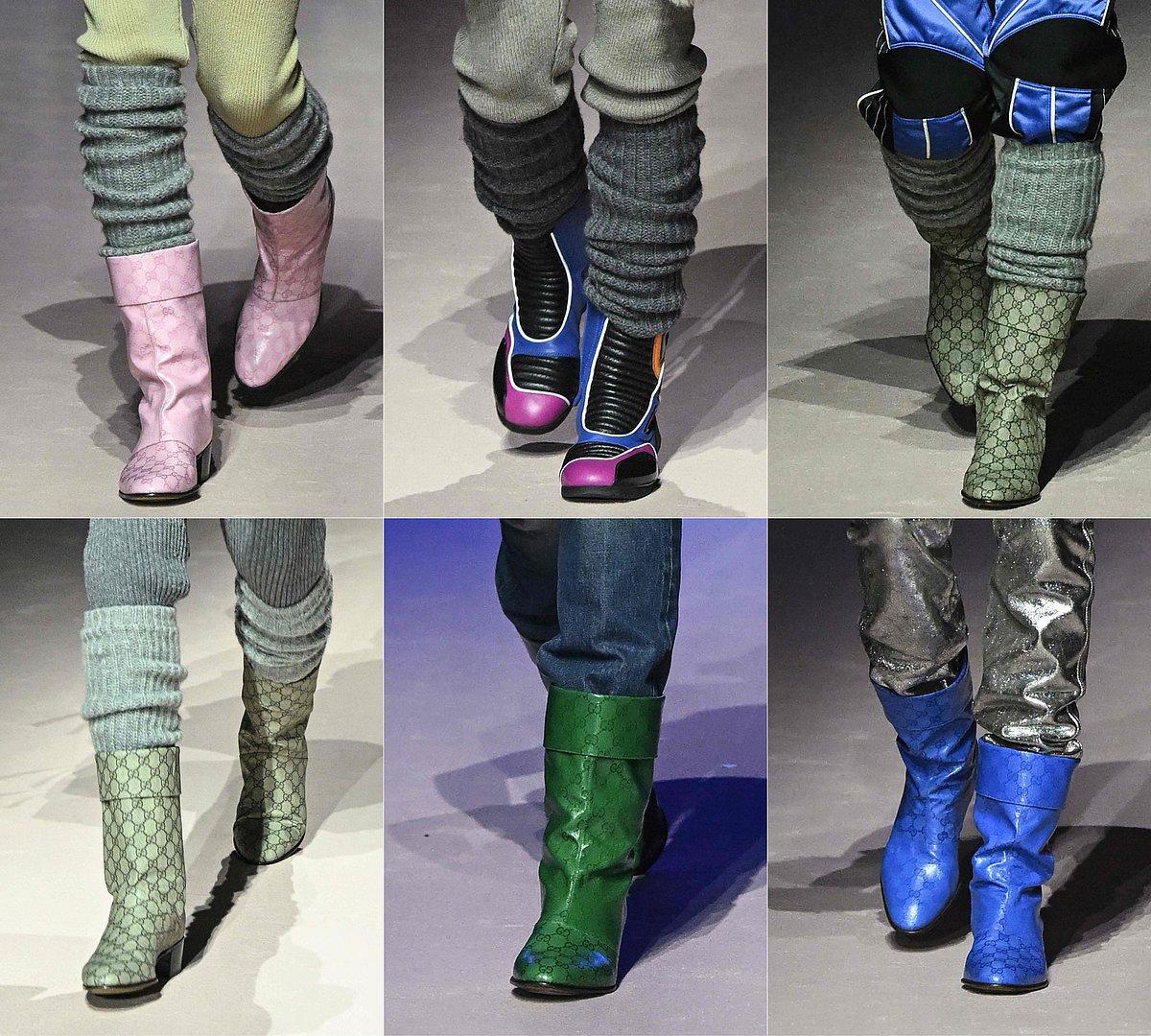 This combination of pictures created on 13 January, 2023 shows a model presenting a creation for Gucci's men's fall/winter 2023/24 fashion collection in Milan on 13 January, 2023.