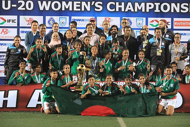 Bangladesh Under-20 Women's team's goalkeeping coach Masud Ahmed was missing when the team lifted the trophy after winning the SAFF U-20 Women's Championship in Dhaka on 9 February, 2023