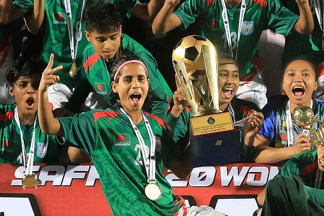 Shamsunnahar celebrates with the team after winning the SAFF Under-20 Women's Championship in Dhaka on 9 February, 2023
