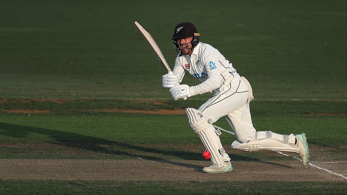 New Zealand's Tom Blundell plays a shot during the break on day two of the first Test match between New Zealand and England at Bay Oval in Mount Maunganui on 17 February, 2023