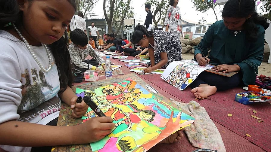 A drawing competition for children was held on Monday at the premises of Prothoma Book Café at Madani Avenue in Dhaka