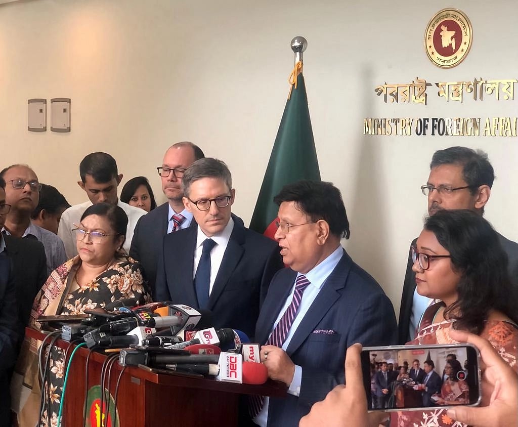 Visiting US State Department counsellor Derek Chollet briefs the media at the foreign ministry in Dhaka on 15 February 2023.