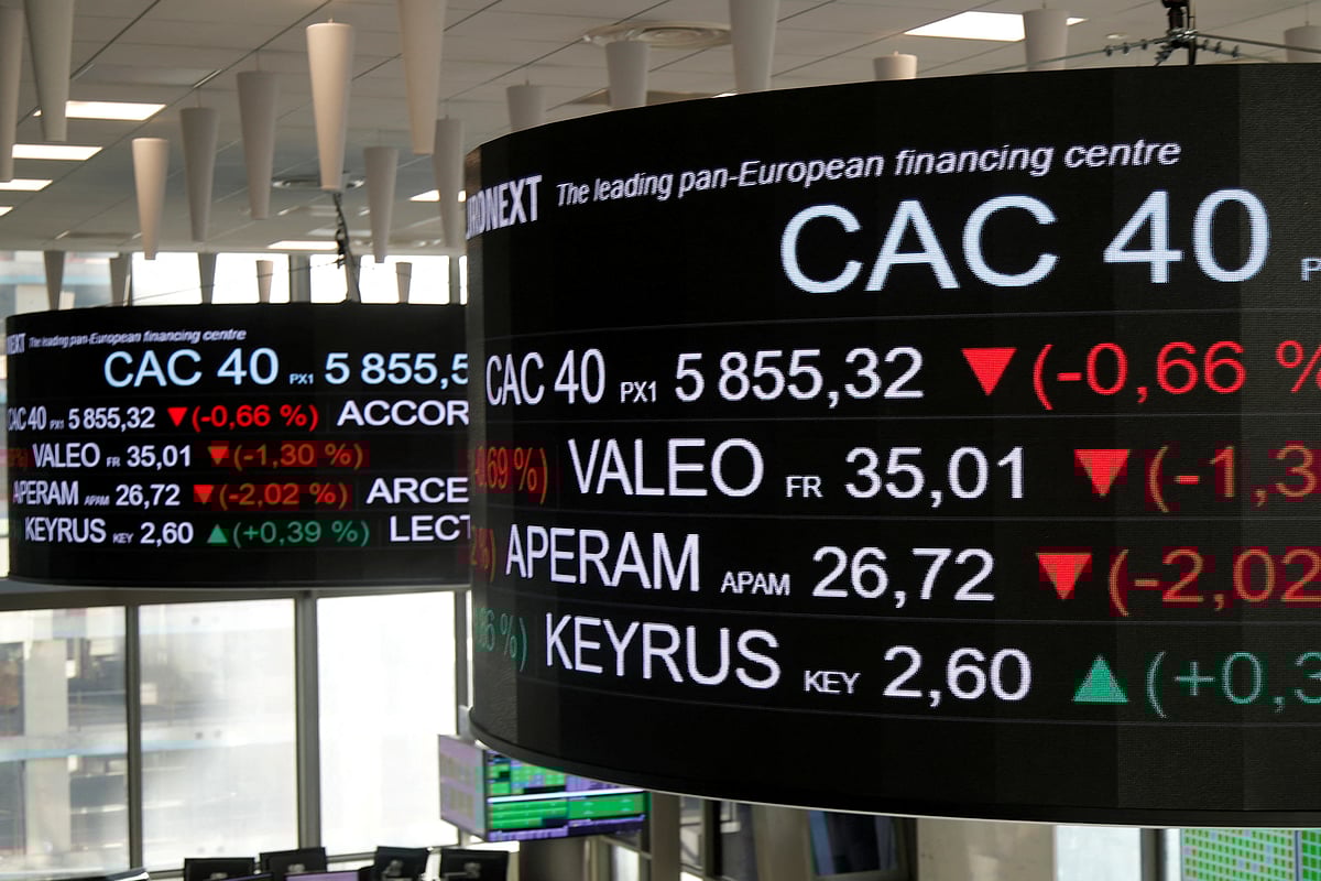 Company stock price information is displayed on screens as they hang above the market services surveillance room center at the Euronext headquarters at La Defense business and financial district in Courbevoie near Paris, France, 21 November, 2019.