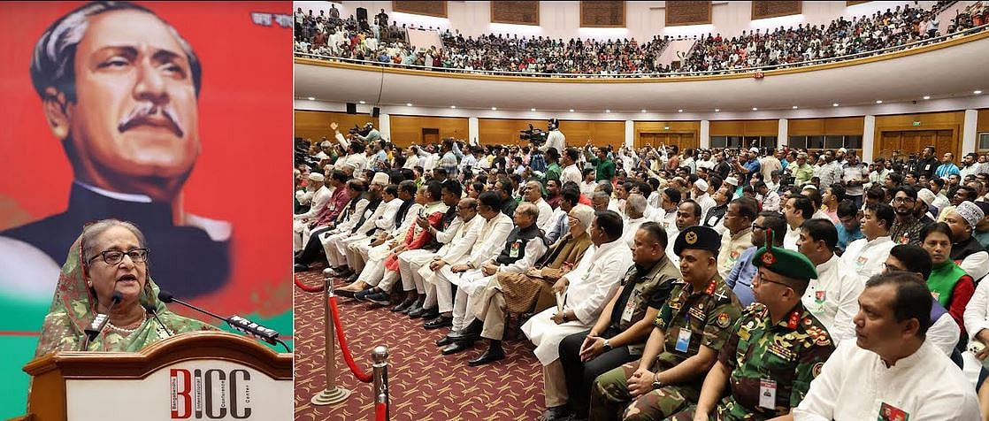 Prime minister Sheikh Hasina addresses a discussion organised by the AL marking the 53rd Independence and National Day at the Bangabandhu International Conference Centre (BICC) in city on 27 March