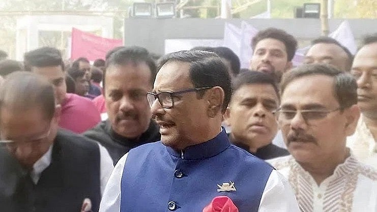 Awami League general secretary Obaidul Quader talks to newspersons after placing wreaths at the portrait of Bangabandhu in front of Bangabandhu Memorial Museum at Dhanmondi Road No. 32 in Dhaka marking historic 7 March on 7 March 2023