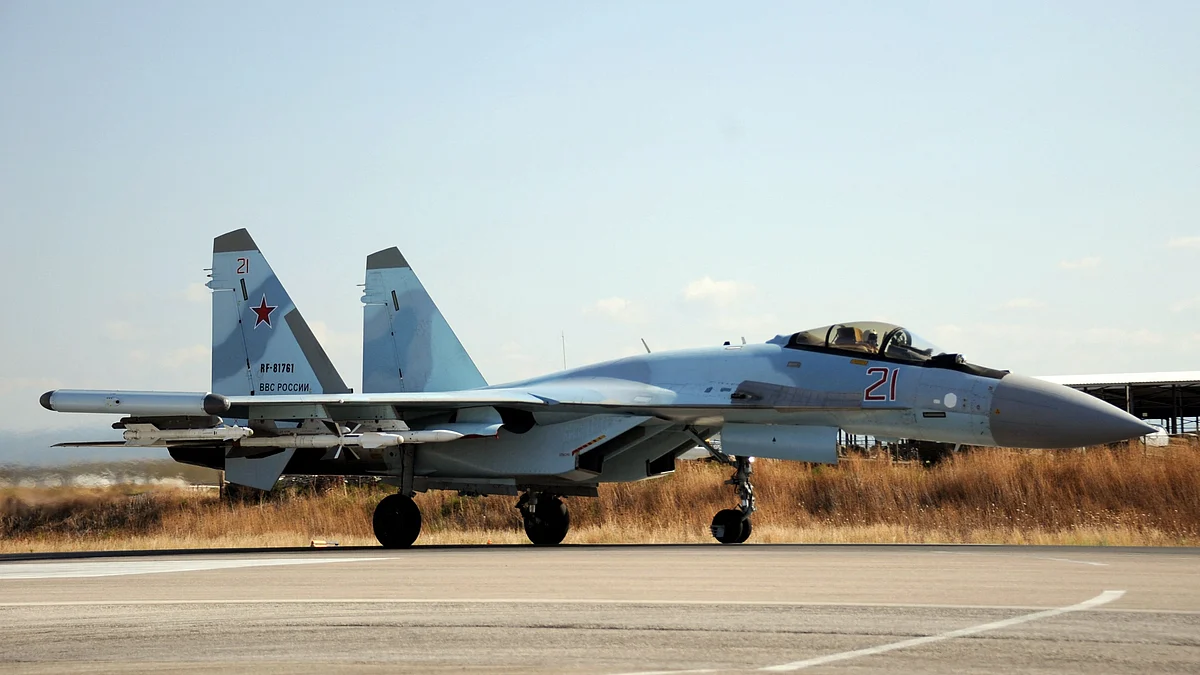 In this file photo taken on 26 September, 2019, a Russian air force Sukhoi Su-35 fighter lands at the Russian military base of Hmeimim, located south-east of the city of Latakia in Hmeimim, in Syria’s Latakia governorate