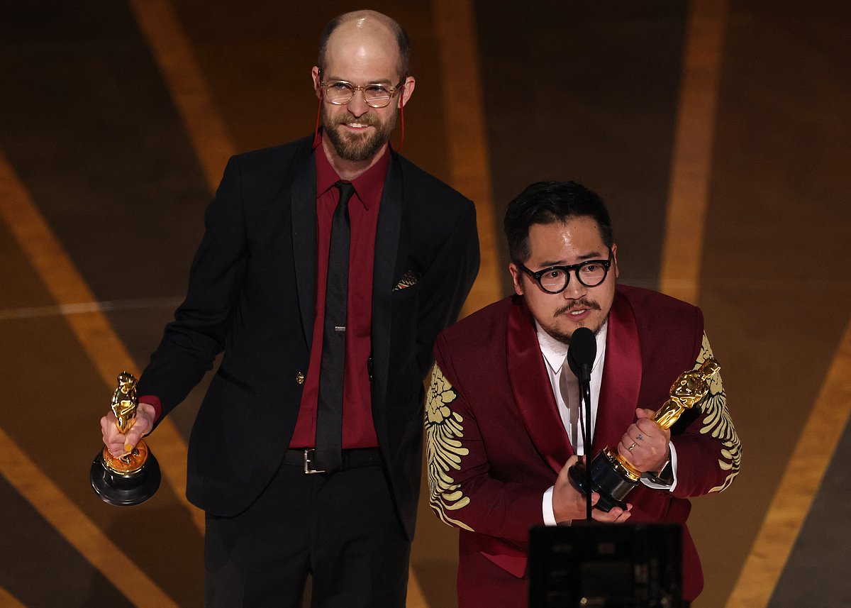 Daniel Kwan and Daniel Scheinert win the Oscar for Best Director for 'Everything Everywhere All at Once' during the Oscars show at the 95th Academy Awards in Hollywood, Los Angeles, California, US, 12 March, 2023.