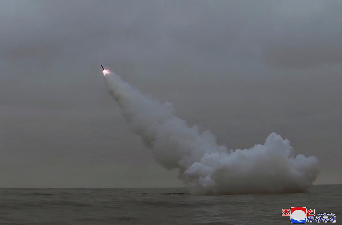 This picture taken on March 12, 2023 in the early morning and released on 13 March, 2023 by North Korea's official Korean Central News Agency (KCNA) shows an underwater firing exercise of a strategic cruise missile held in the waters of Gyeongpo Bay