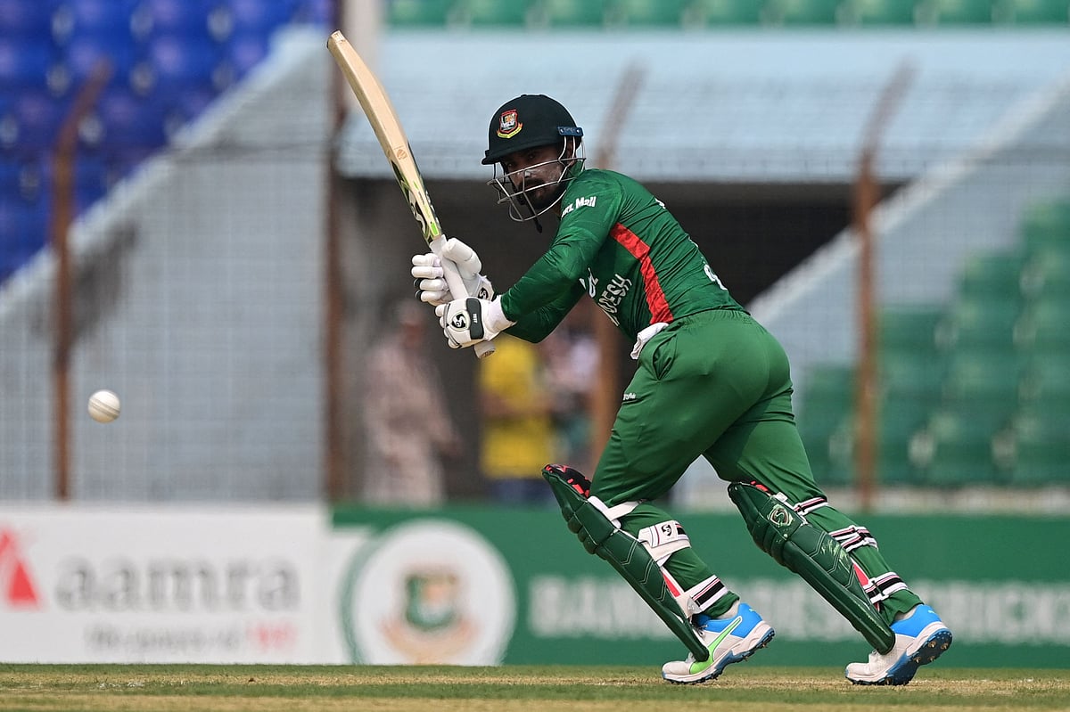 Bangladesh's Liton Das watches the ball after playing a shot during the first Twenty20 international cricket match between Bangladesh and Ireland at the Zahur Ahmed Chowdhury Stadium in Chittagong on 27 March, 2023.